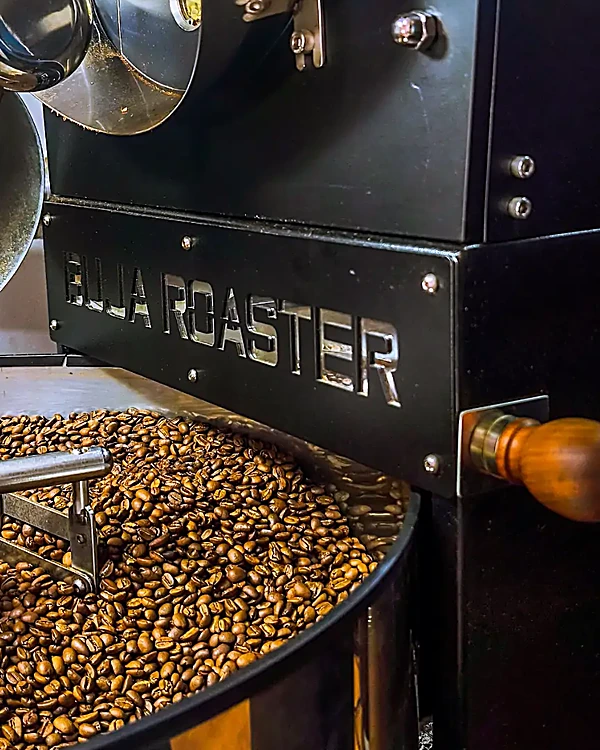 Tostador de café con grano recién tostado en la charola de enfriado